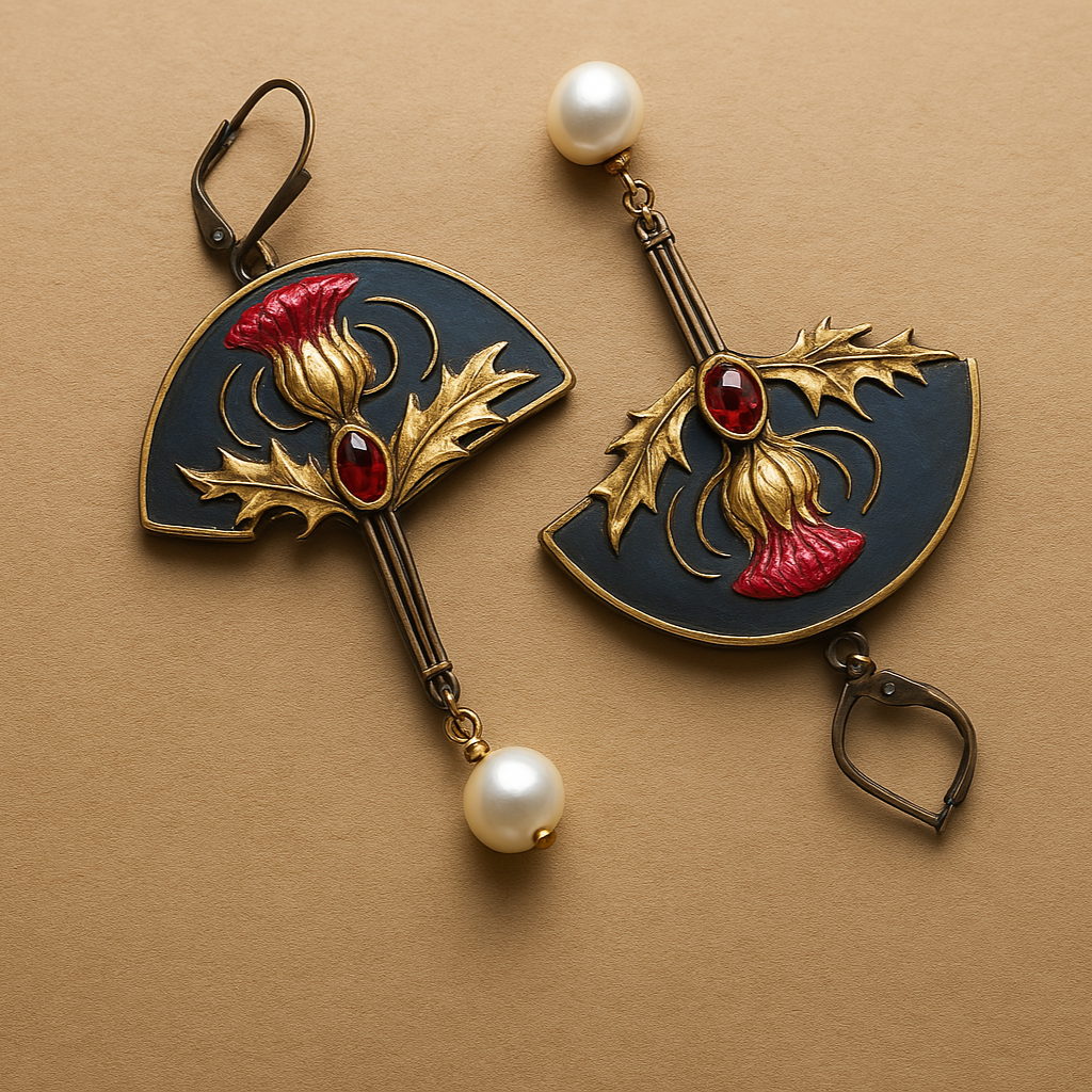Pendientes boho de Vega Madrid con perlas blancas y cristales rojos, diseño elegante y vibrante para estilo bohemio.