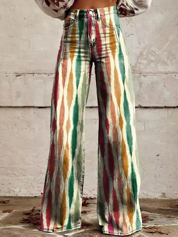 Pantalón estampado boho Isabella de Vega Madrid, con diseño colorido y estilo relajado para mujer.