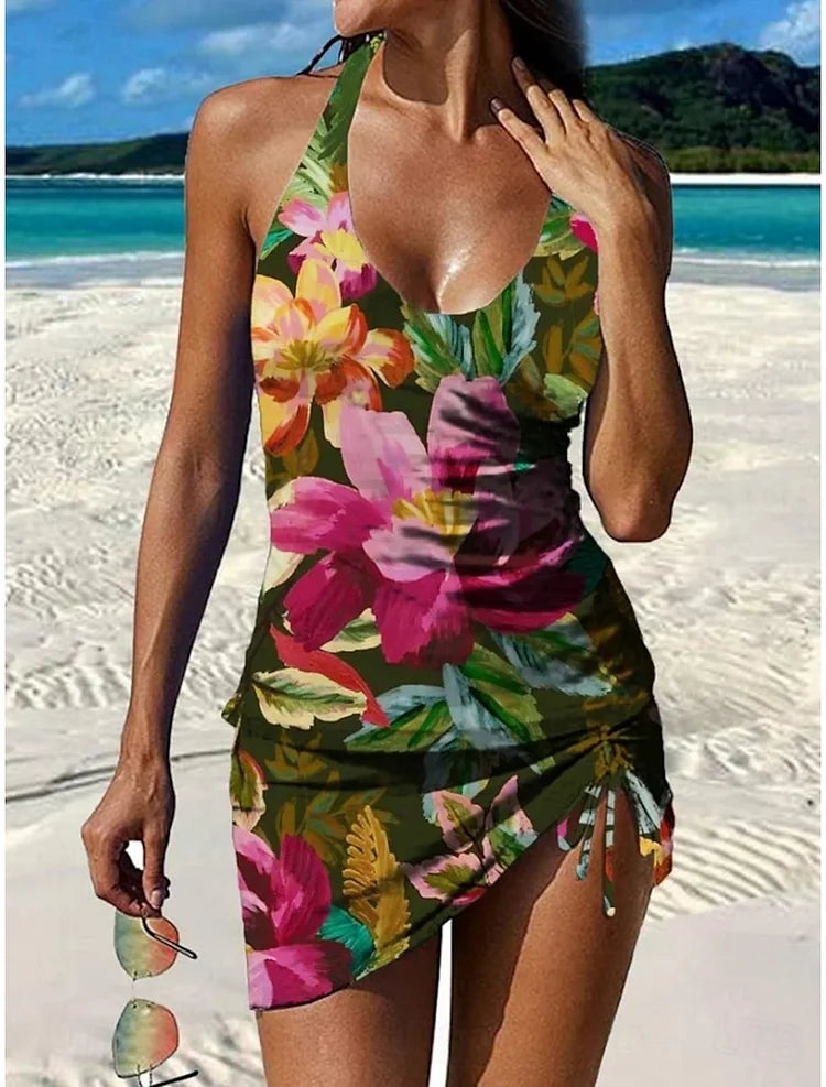 Tankini floral Fiesta de Vega Madrid con short y efecto vientre plano, ideal para nadar y lucir con estilo y comodidad.