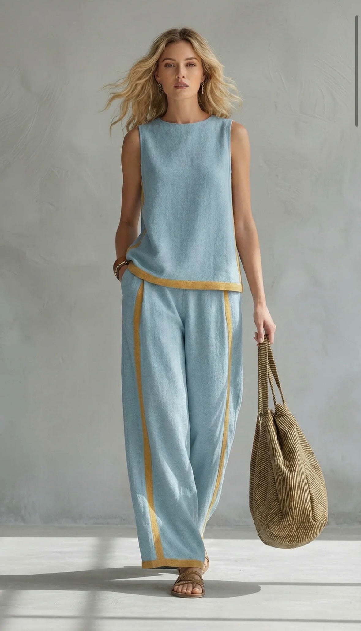 Conjunto Portofino Leila de Vega Madrid, vestido con detalles elegantes en tonos neutros, estilo sofisticado y moderno.