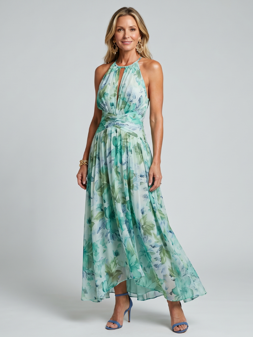 Portia | Vestido Midi Halter Plisado con Estampado Floral