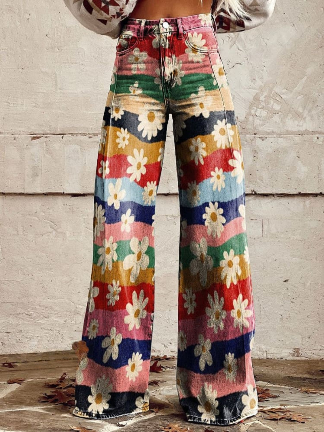Pantalón vintage Julieta de Vega Madrid con estampado de margaritas, pantalones de estilo retro y diseño elegante para mujer.