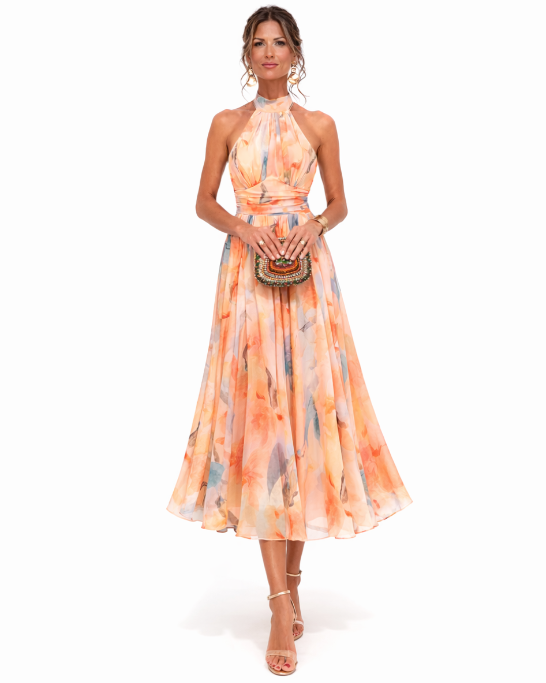 Aurora | Vestido con escote al cuello y estampado acuarela