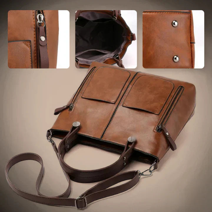 Bolso de piel Sydney de Vega Madrid, bolso de mano elegante con detalles en cuero y asa ajustable, en color neutro.