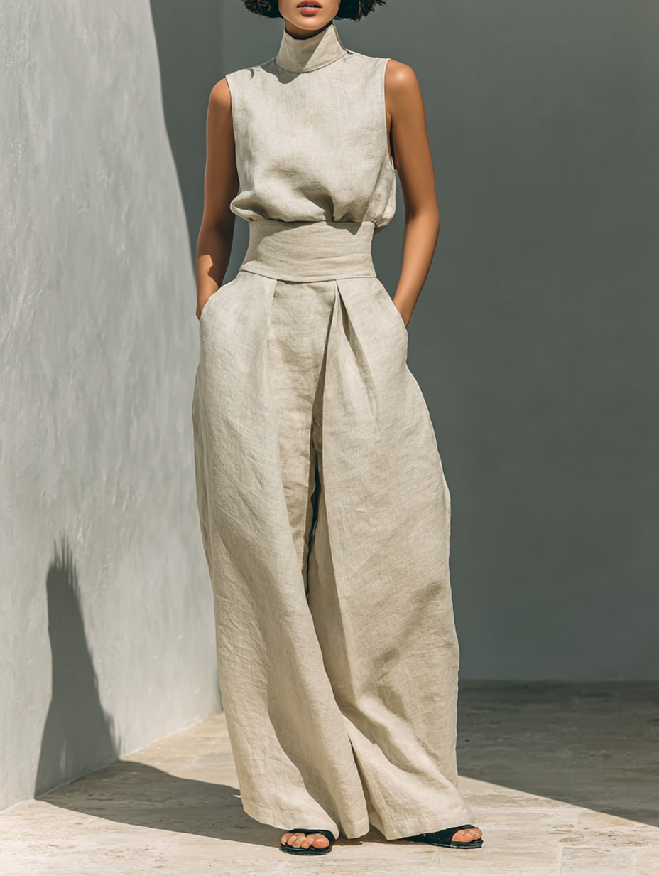 Conjunto pliegue natural Lili de Vega Madrid, vestido con detalles de pliegues en tela ligera y elegante color neutro.