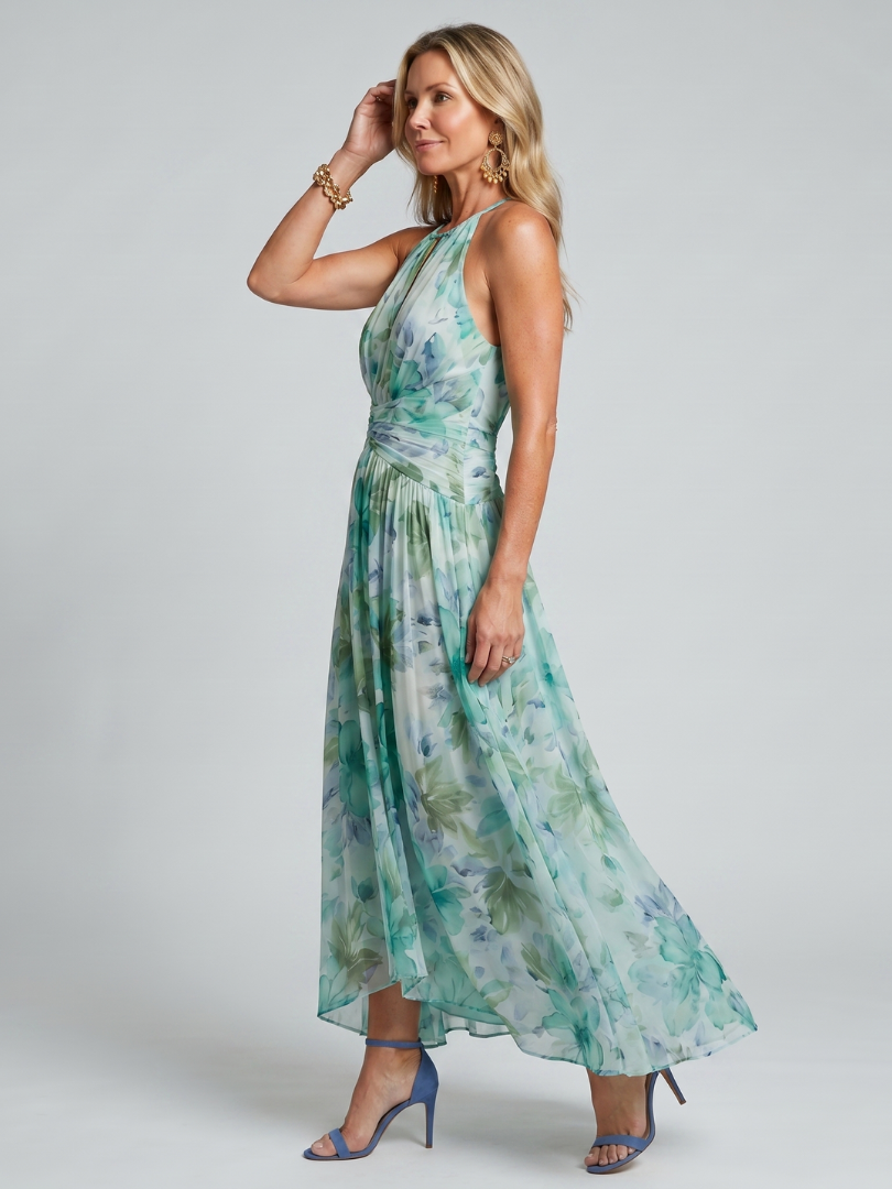 Portia | Vestido Midi Halter Plisado con Estampado Floral