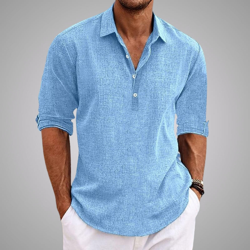 Camisa Riviera de Vega Madrid, estilo casual con diseño elegante y detalles en colores vibrantes, vista frontal en color claro.