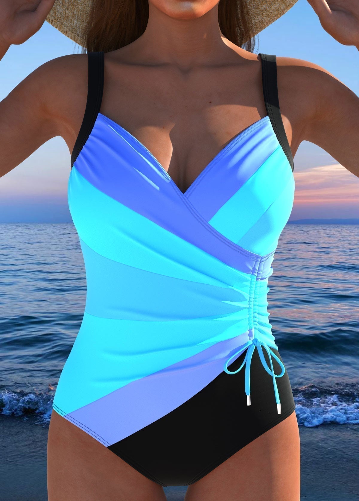 Bañador elegante con estampado de colores de la marca Vega Madrid, mostrando el diseño y detalles del traje de baño Éloria.