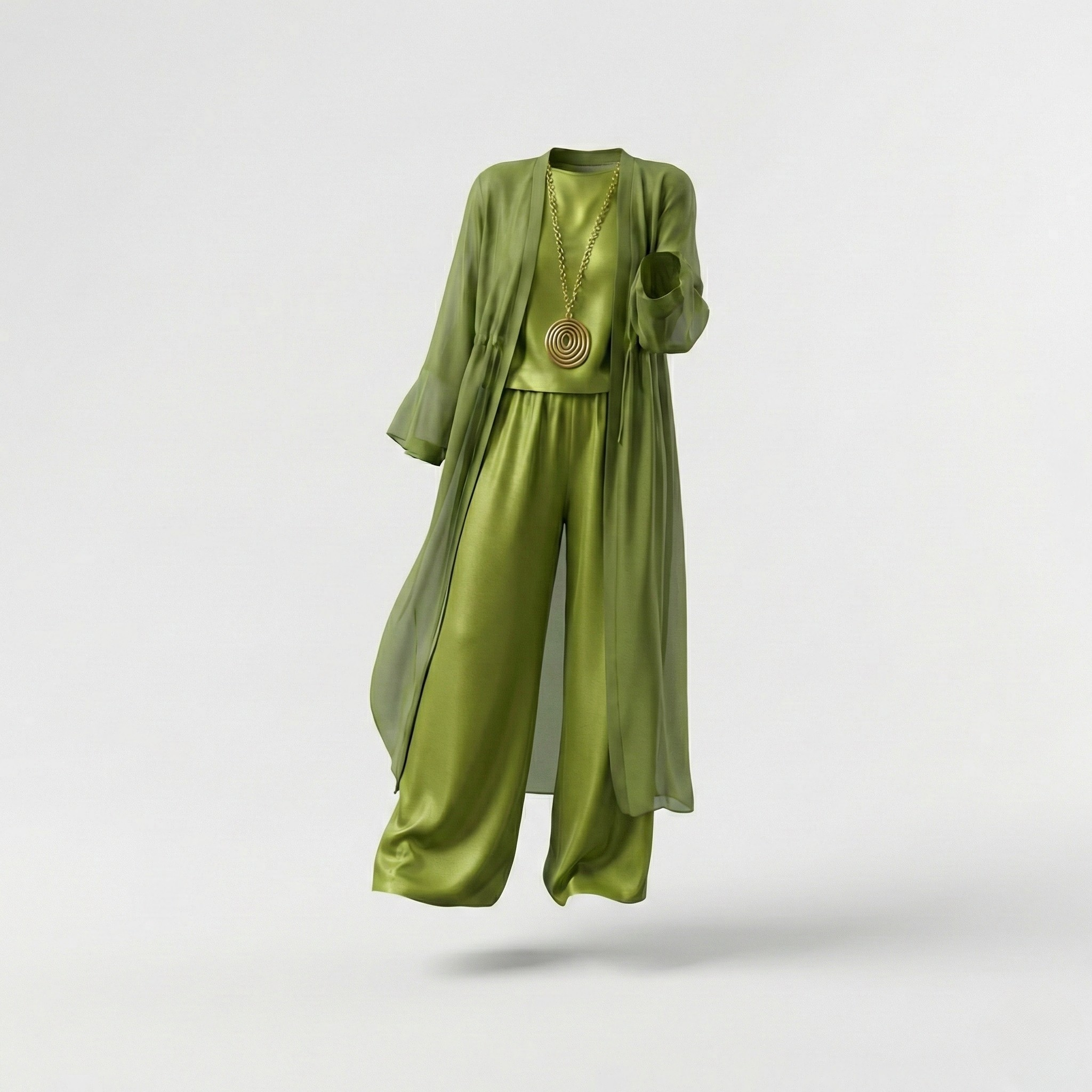 Conjunto fluido de tres piezas Aitana de Vega Madrid, prendas cómodas y elegantes en tonos neutros, vista frontal del conjunto completo.