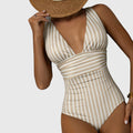 Bañador con rayas Aurora de Vega Madrid, traje de baño femenino con diseño a rayas en colores vibrantes para playa o piscina.