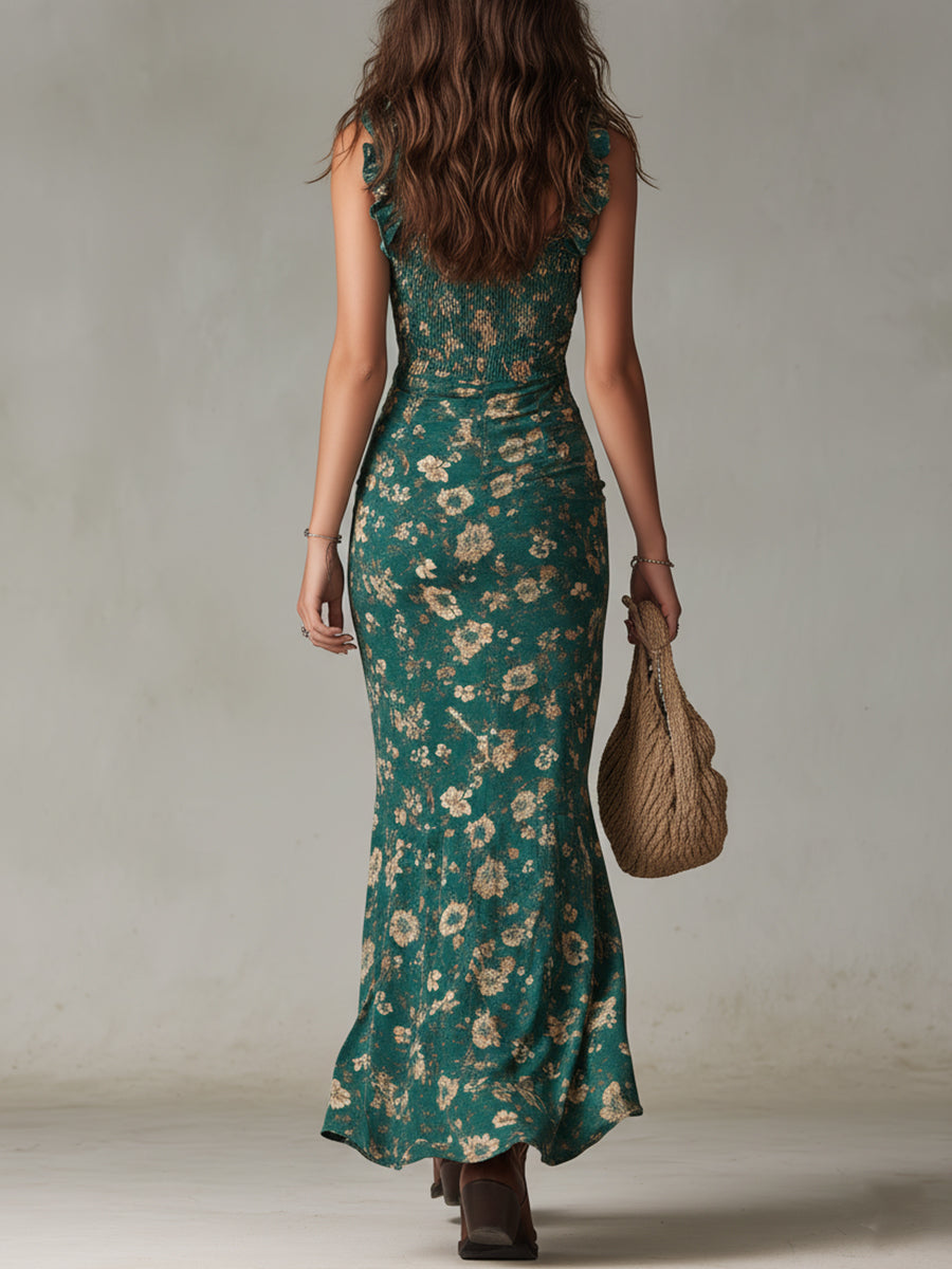 Sara | Vestido Largo de Estilo Boho Retro con Mangas Fruncidas y Abertura Alta
