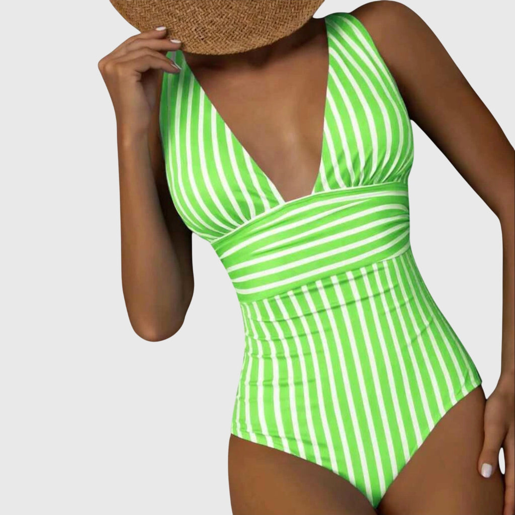 Bañador con rayas Aurora de Vega Madrid, diseño de traje de baño de una pieza en tonos coloridos y estilo moderno.