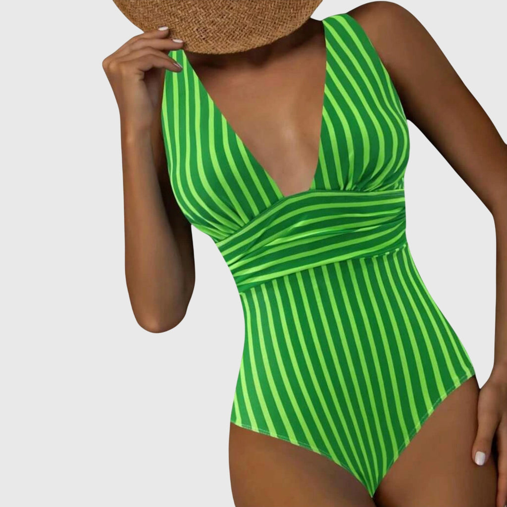 Bañador con rayas Aurora de Vega Madrid, diseño moderno en colores vibrantes para playa y piscina.