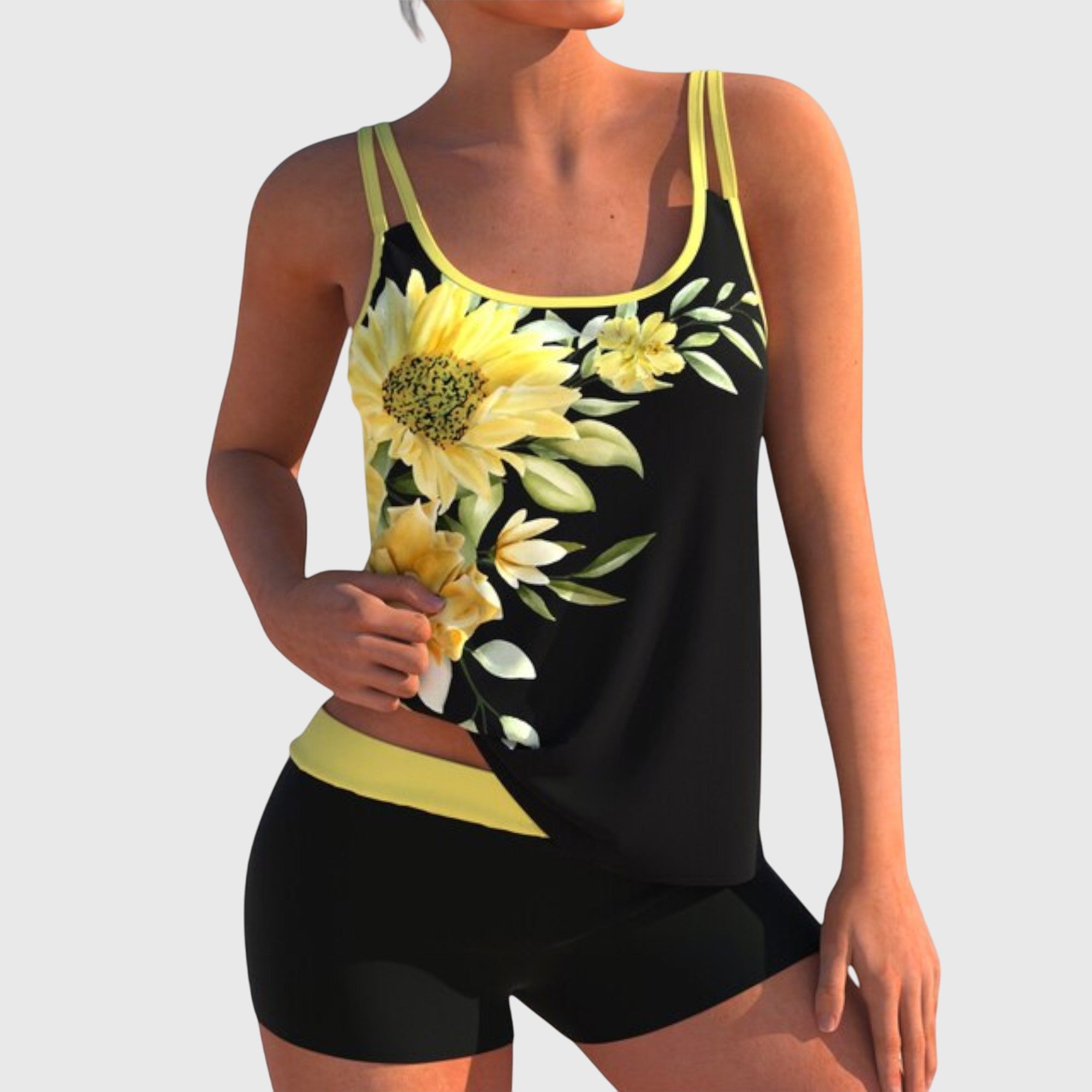 Conjunto de tankini floral Vega Madrid con short y efecto vientre plano, ideal para verano y playas.