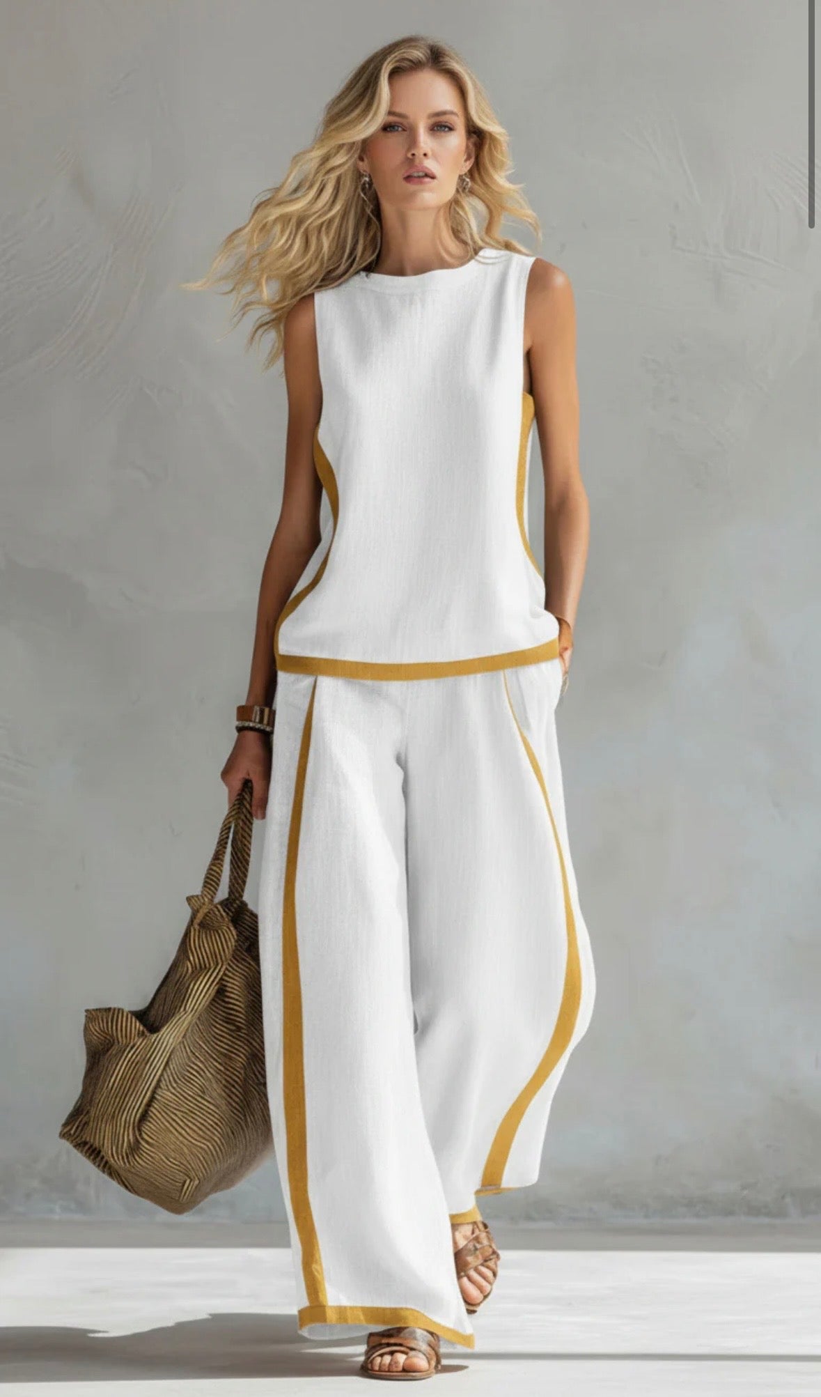 Conjunto Leila Portofino de Vega Madrid, conjunto elegante en colores vibrantes, con top y pantalones a juego.