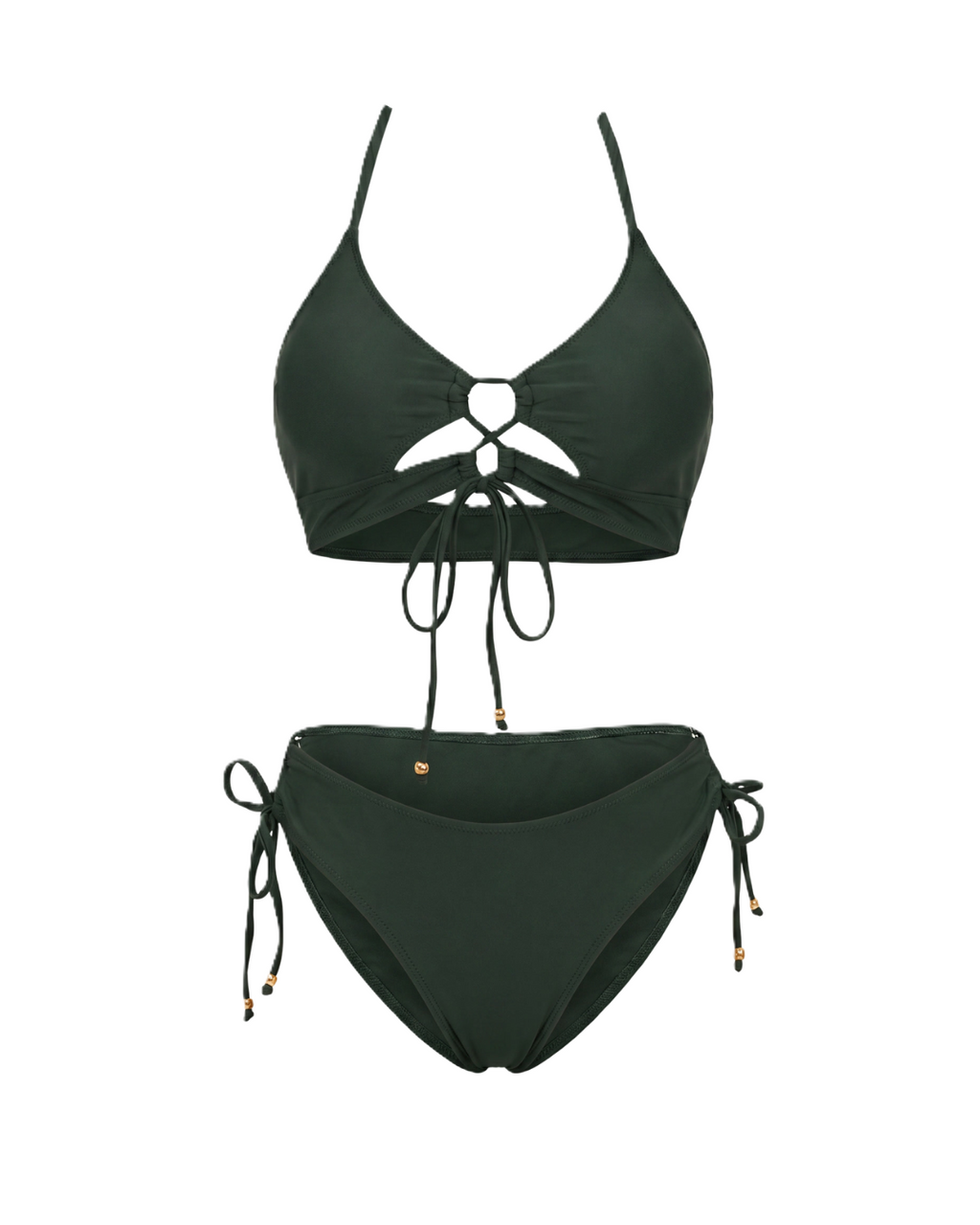 Bikini Mara Atardecer Dorado de Vega Madrid, con top y pantalón en tonos dorados y detalles brillantes, ideal para verano.