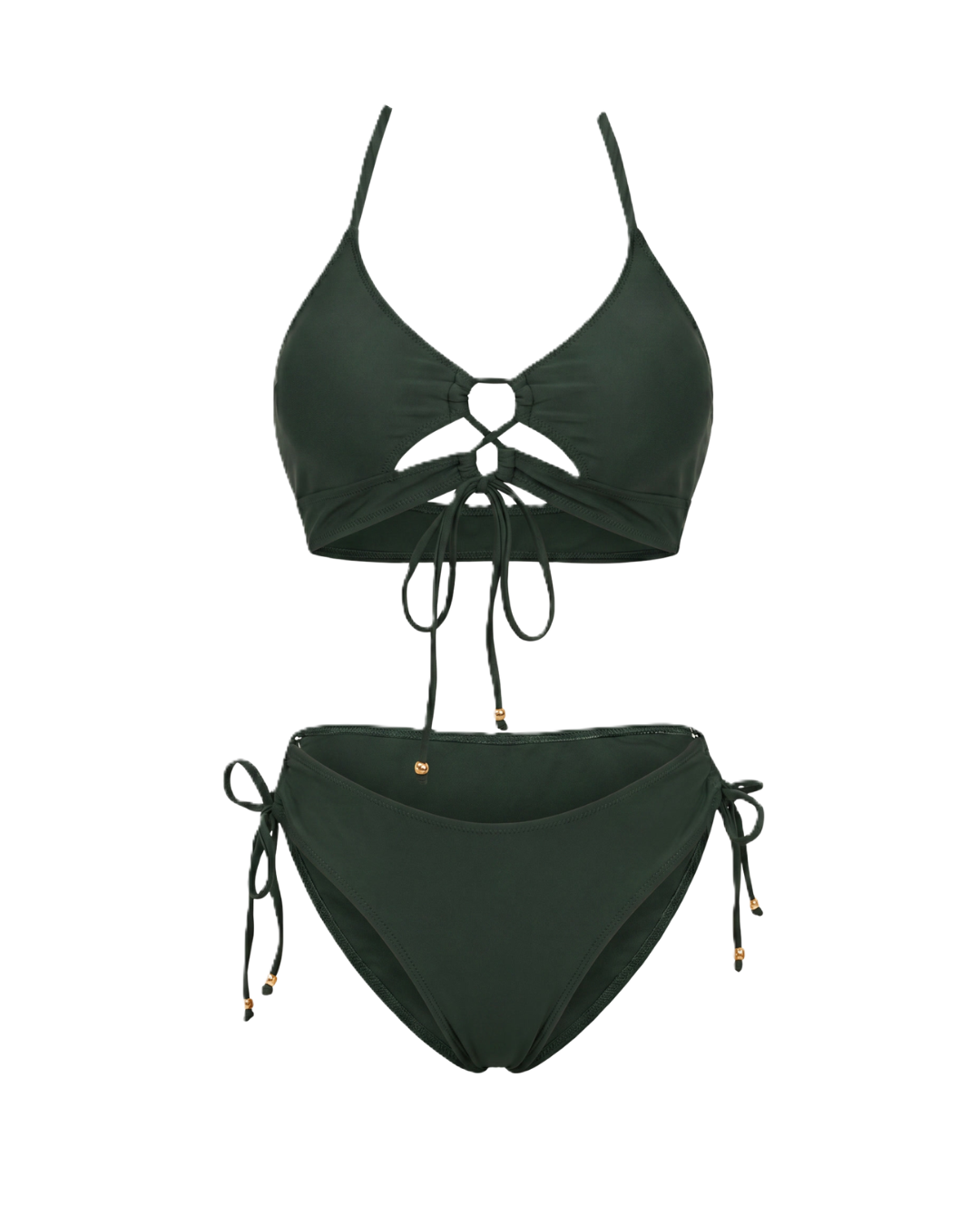 Bikini Mara Atardecer Dorado de Vega Madrid, con top y pantalón en tonos dorados y detalles brillantes, ideal para verano.