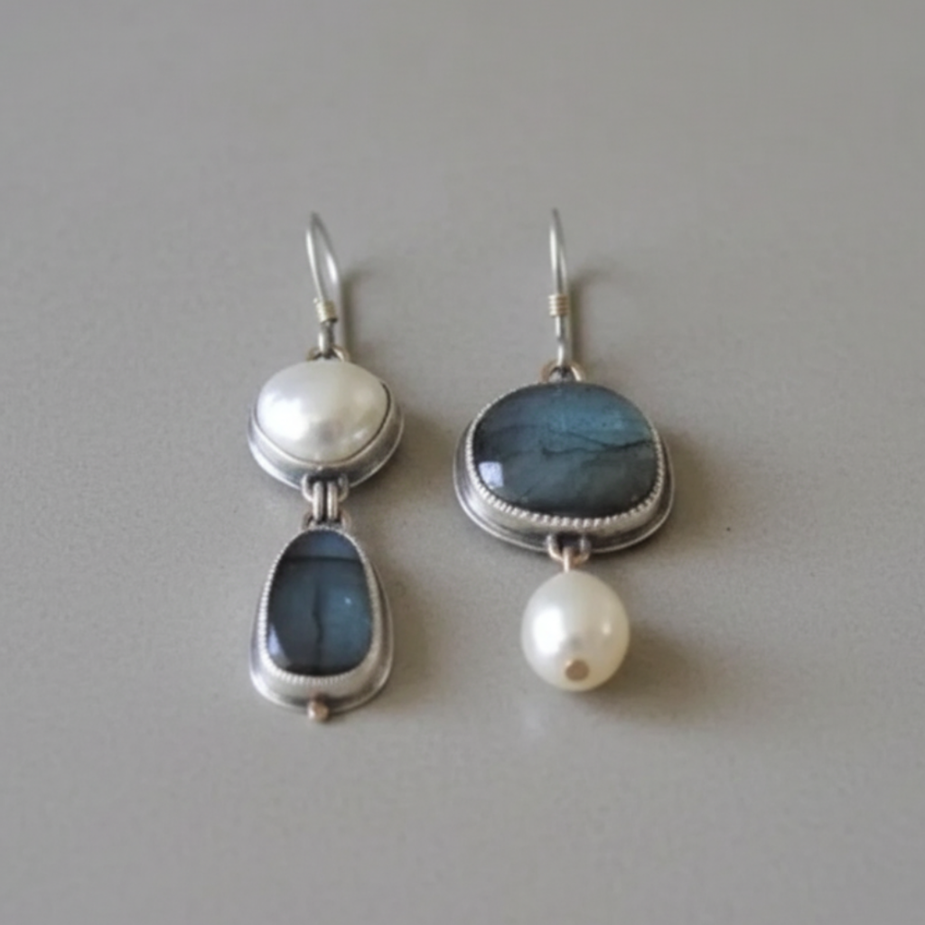 Pendientes vintage de piedra azul y perla de Vega Madrid, con diseño elegante y detalles en tonos azules y blancos.