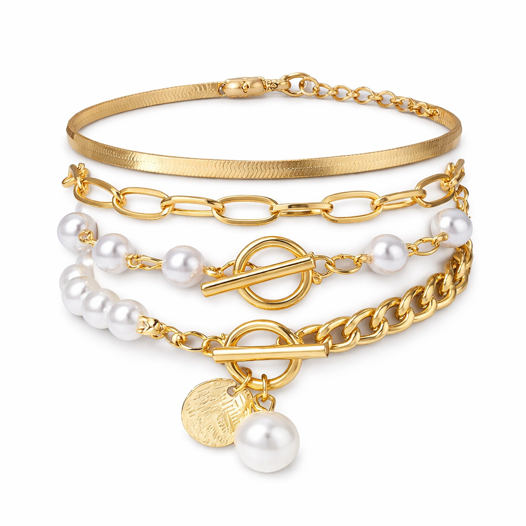 Set de Pulseras Chic Doradas (4 Piezas) – Serpiente, Perlas y Eslabones