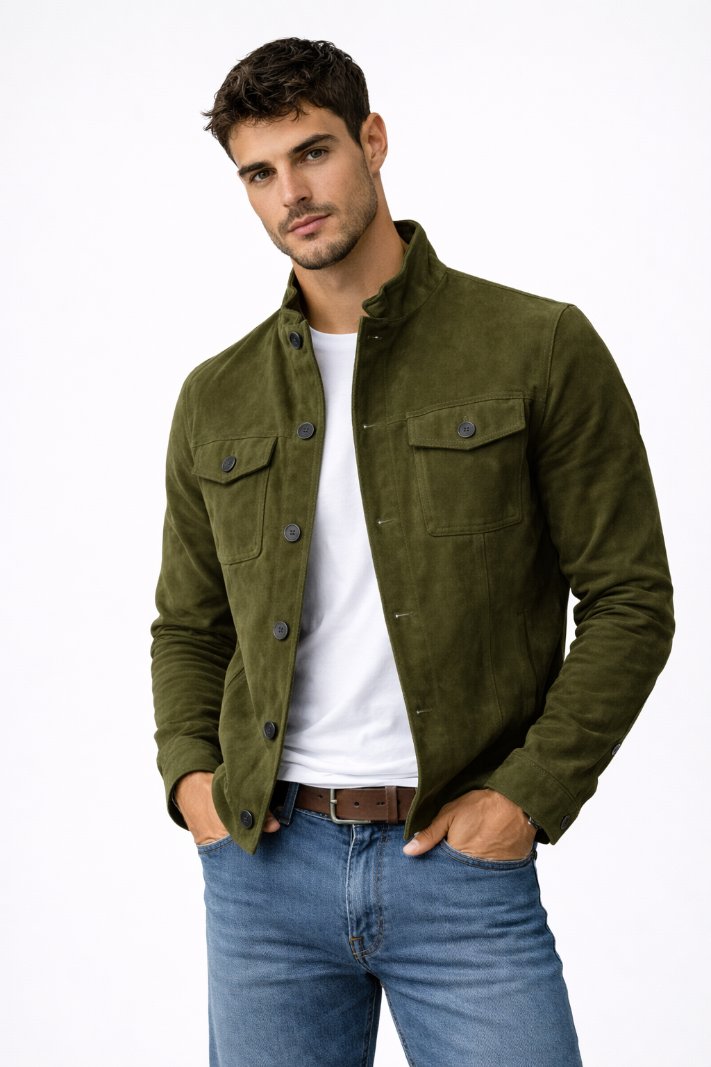 Chaqueta de efecto ante con corte estructurado de Vega Madrid, en color neutro, mostrada en vista frontal.