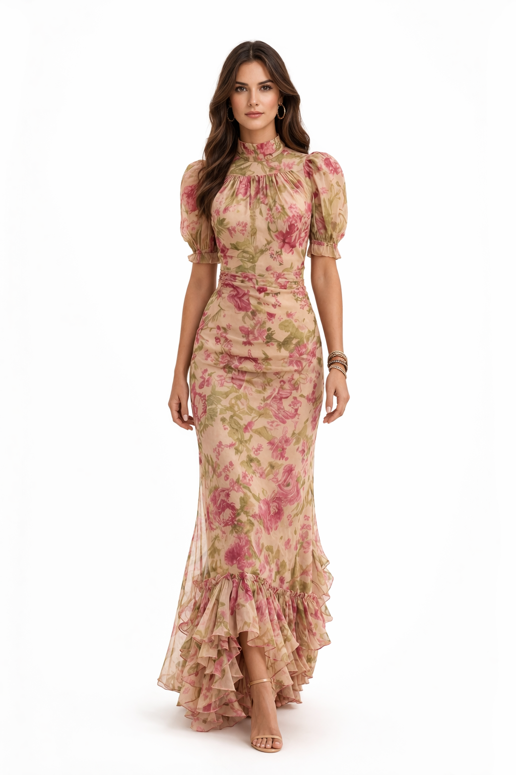 Vestido largo floral Noelia de Vega Madrid con cuello alto y detalles de volantes, diseñado para un estilo elegante y femenino.