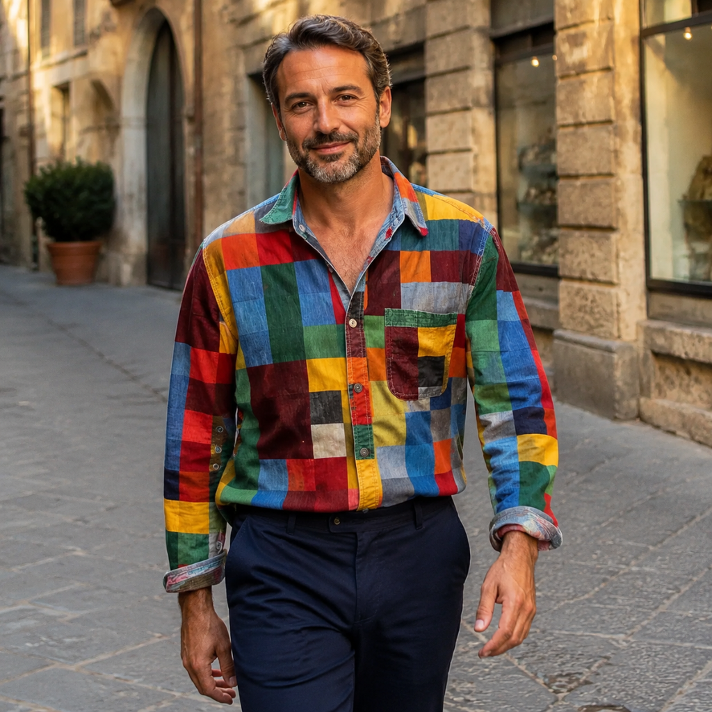 Camisa Arturo de Vega Madrid con diseño de mosaico colorido y detalles elegantes en tela ligera.