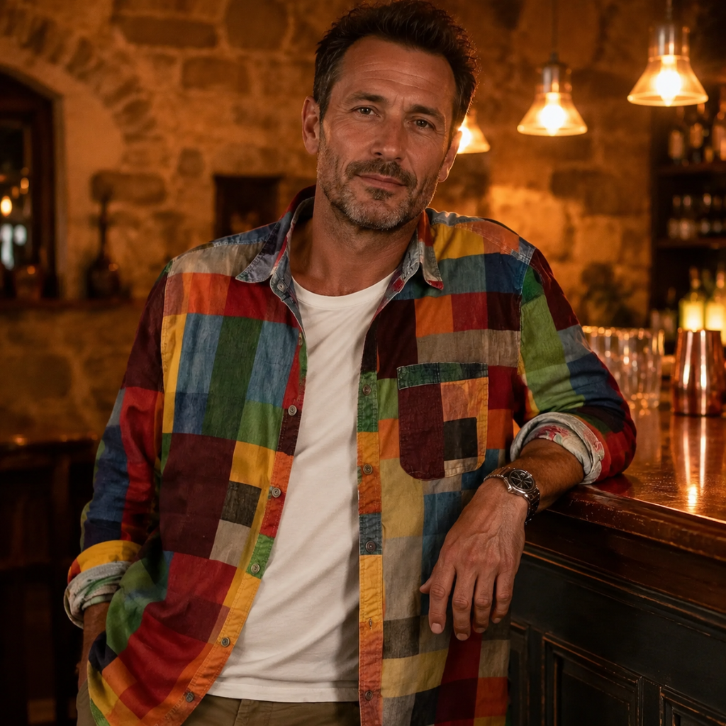 Camisa Arturo de Vega Madrid con diseño de mosaico en colores vibrantes y patrón geométrico visible en la imagen.