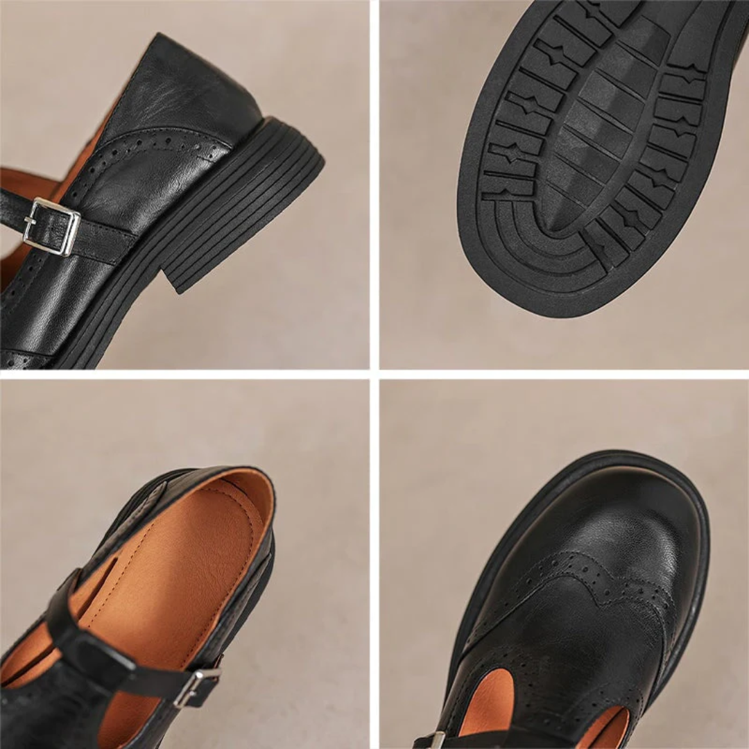 Zapato plano Lara de Vega Madrid con correa ajustable y hebilla, diseño elegante y cómodo en color neutro.