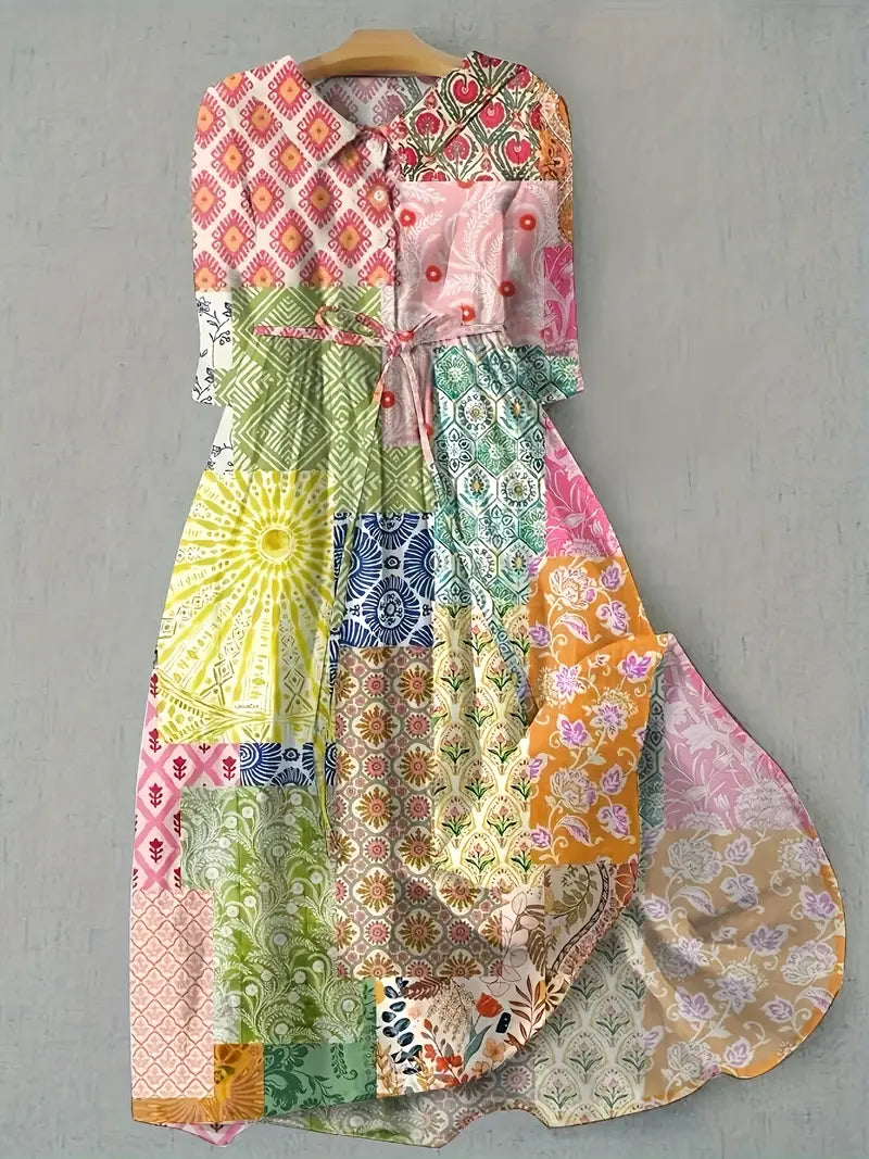 Vestido patchwork bohemio de Vega Madrid con estampado floral, estilo elegante y comodidad para uso diario.