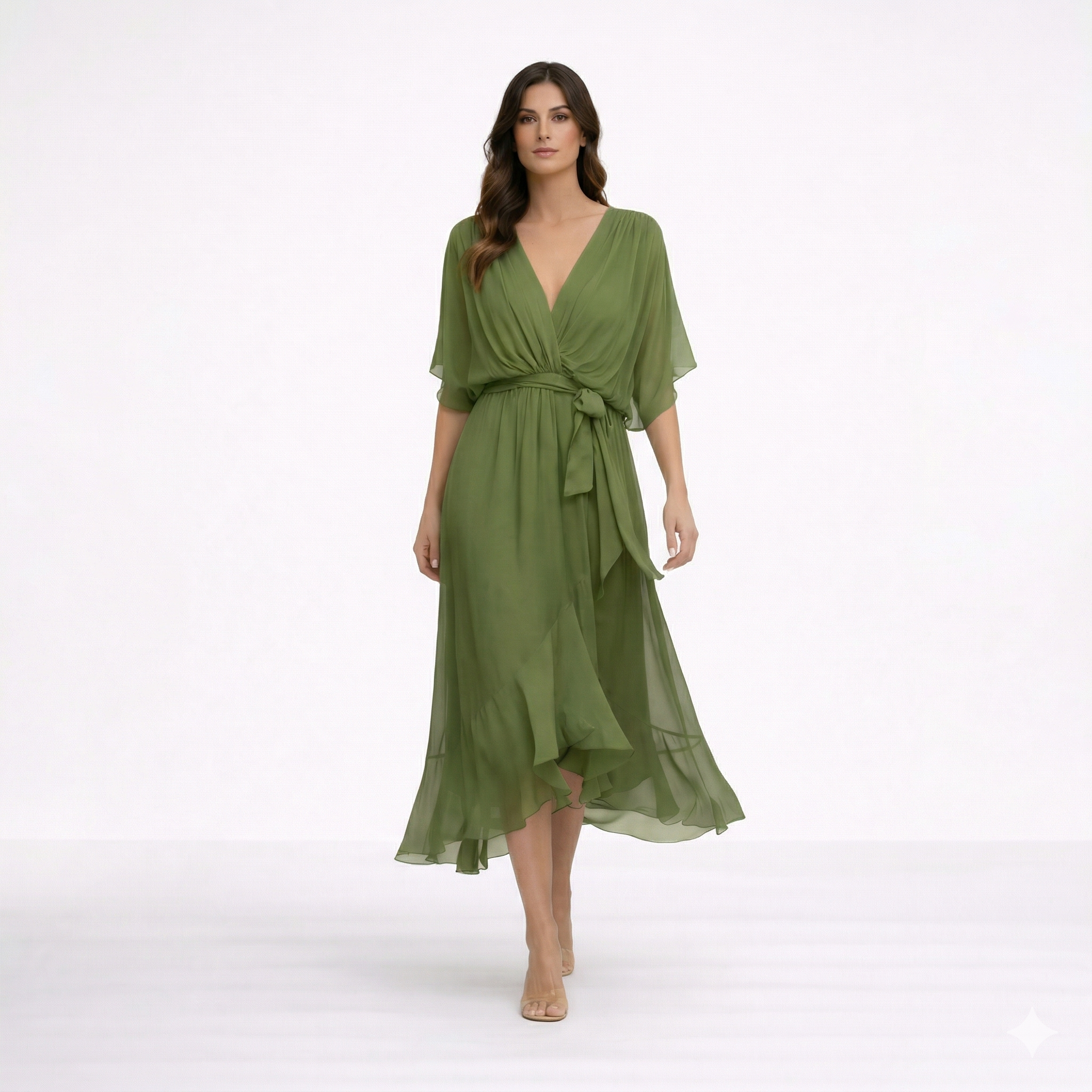 Vestido Mónica de Vega Madrid con escote en V, muestra un diseño elegante y moderno en color sobrio.