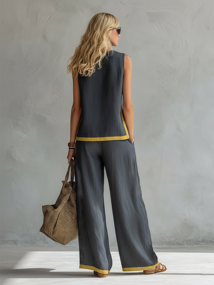 Conjunto Portofino Leila de Vega Madrid, ropa femenina en tonos suaves, con blusa y falda elegante, vista en la imagen.