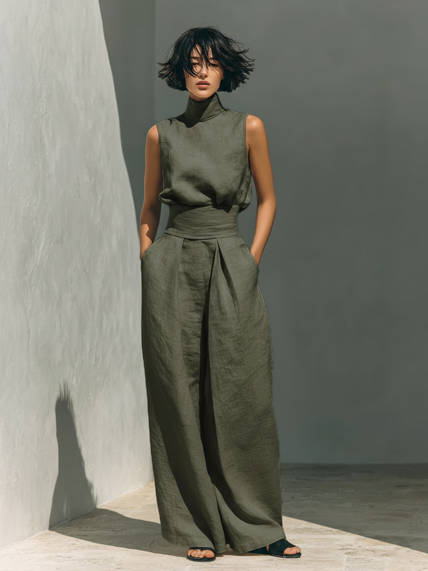 Conjunto Lili de Vega Madrid con pliegues naturales en tela ligera y elegante, diseñado para un estilo sofisticado.