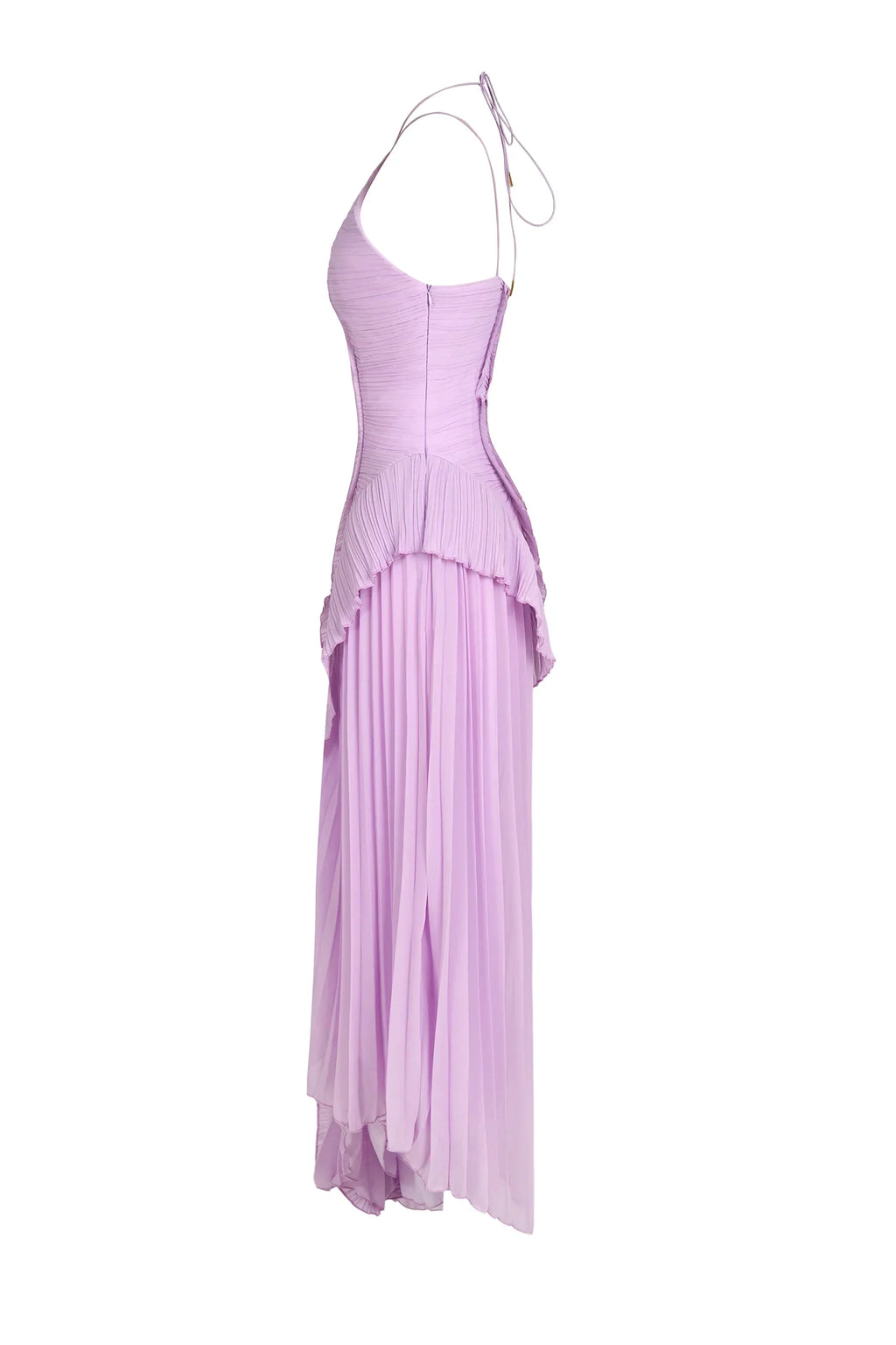 Vestido elegante marina de Vega Madrid con volantes y corte asimétrico, mostrando detalles de la prenda en la imagen.