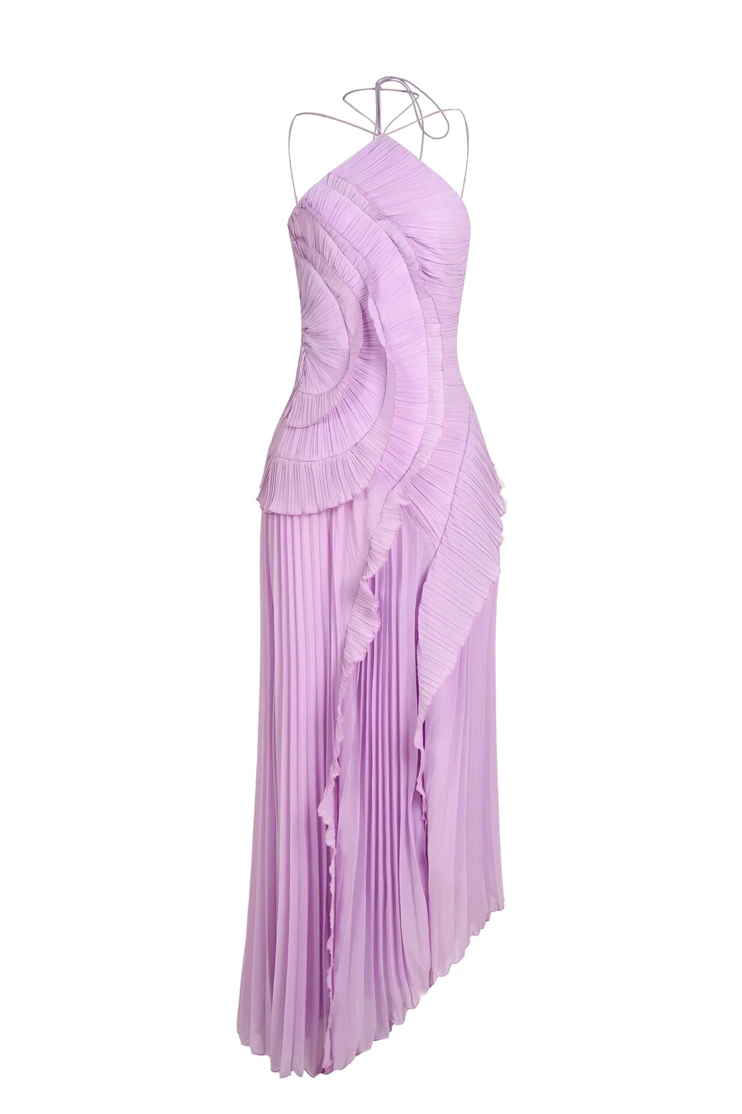 Vestido elegante Marina I de Vega Madrid con volantes y corte asimétrico, en color neutro, mostrando su diseño moderno y sofisticado.