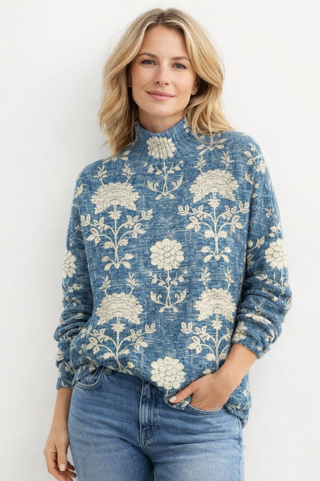 Clara | Jersey Floral con Cuello Alto y Tejido Suave - Vega Madrid