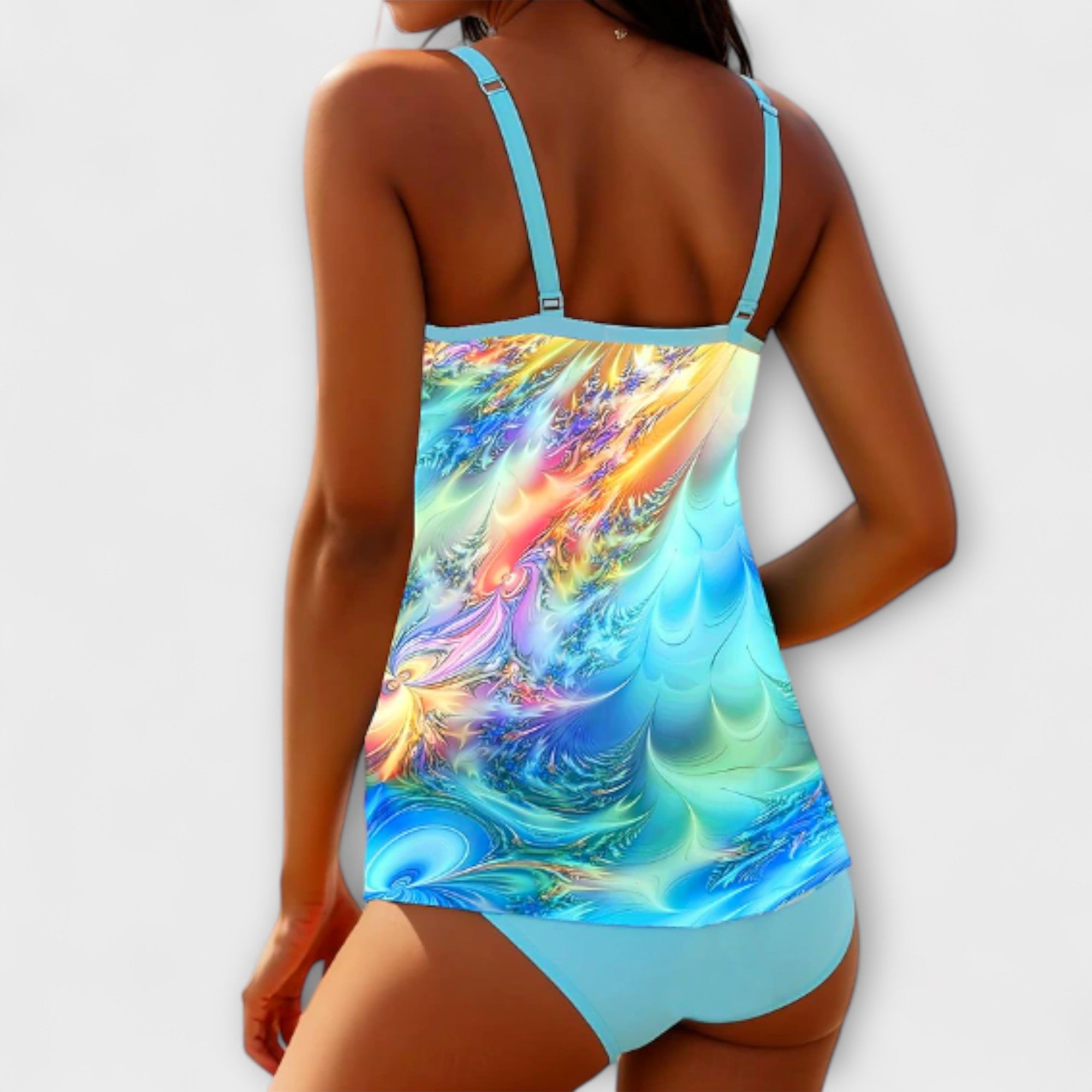 Conjunto tankini Patricia de Vega Madrid, top y pantalón de baño para mujer en color azul con detalles blancos.