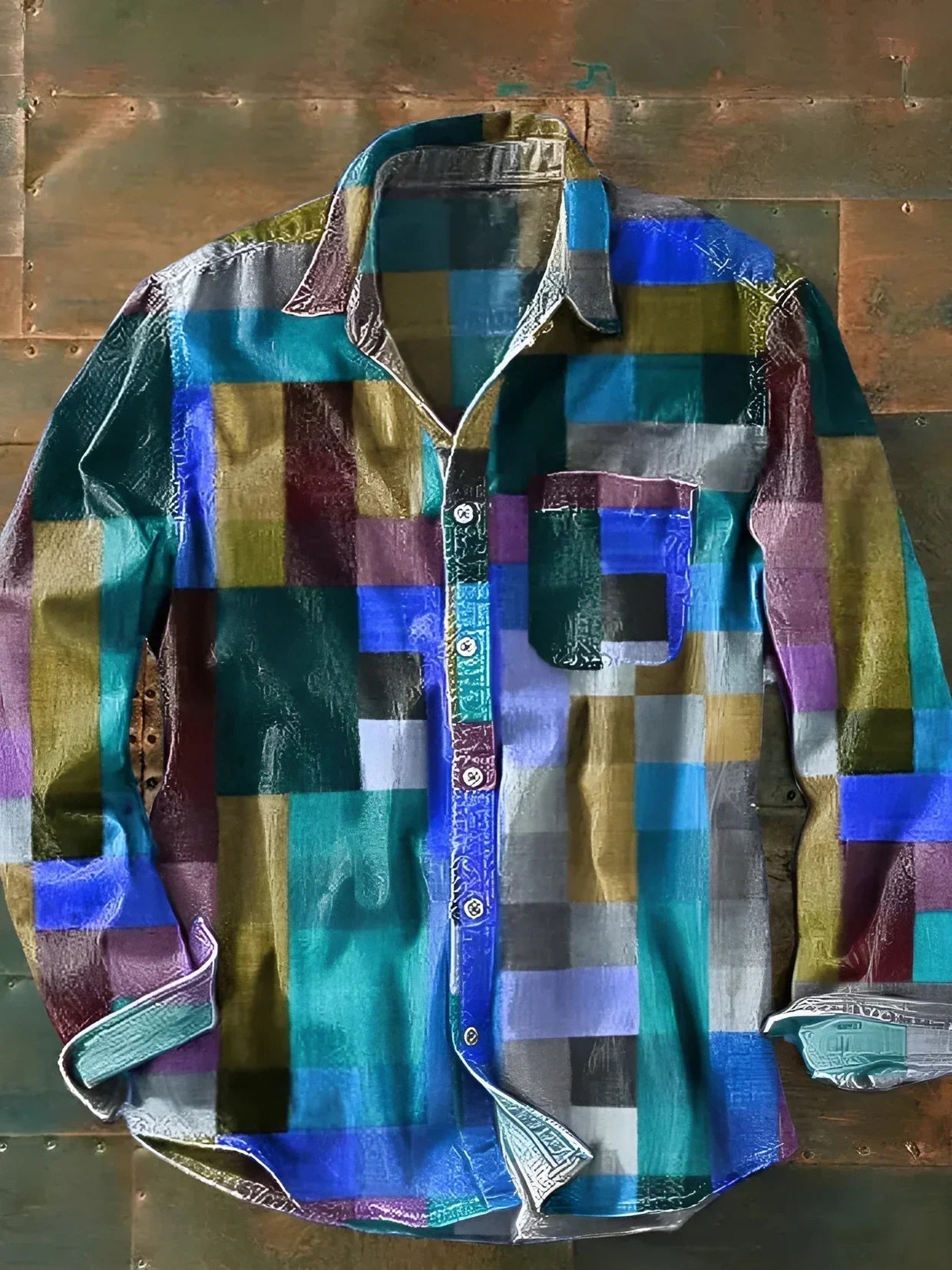 Camisa Arturo de Vega Madrid con diseño de mosaico en colores vibrantes y patrón geométrico, vista frontal sobre fondo blanco.