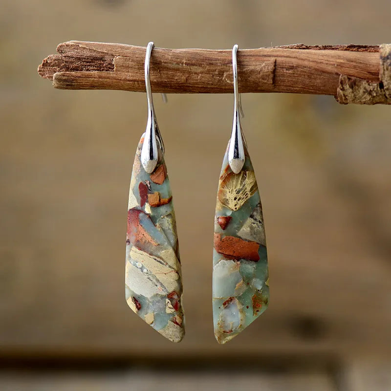 Pendientes colgantes de plata con piedra natural, estilo vintage, diseño geométrico y emblema de jaspe, para mujer.