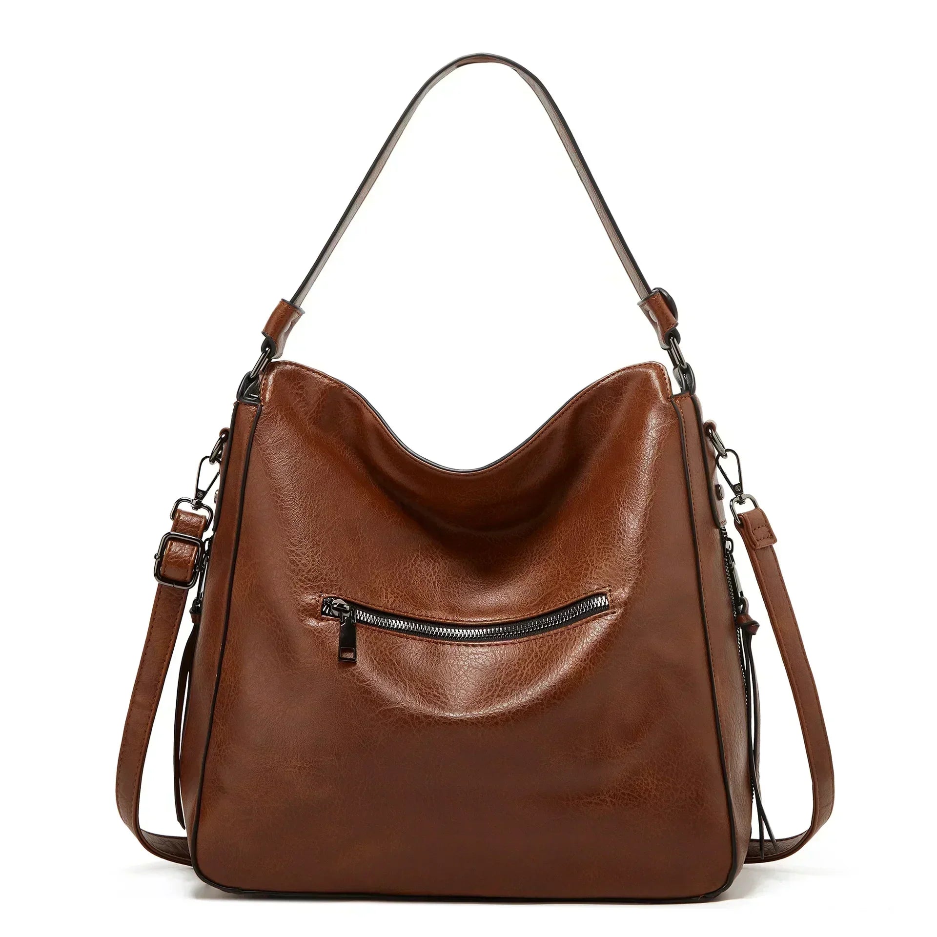 Bolso de hombro vintage de piel Selena de Vega Madrid con detalles en cuero y asa ajustable.