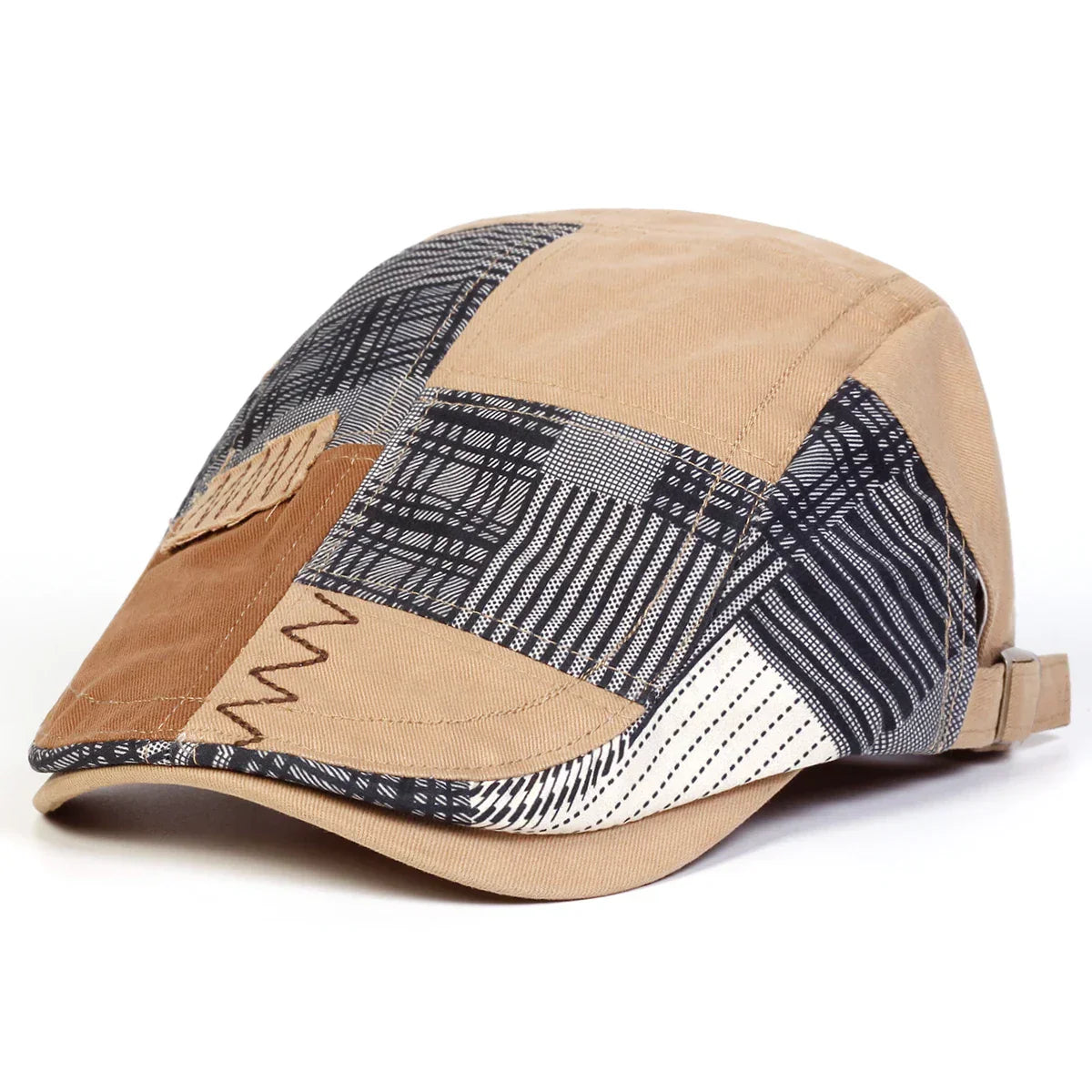 Gorra patchwork para hombre de Vega Madrid, diseño colorido y moderno, con visera curva y detalles en diferentes tejidos.
