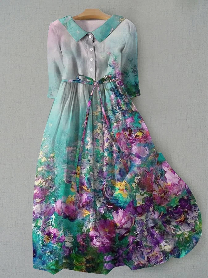 Vestido Tessa de Vega Madrid con estampado floral vintage, diseño ajustable con lazo en la cintura y estilo de verano para mujer.