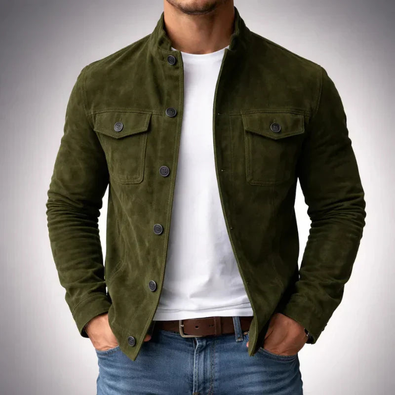 Chaqueta de efecto ante con corte estructurado de Vega Madrid, estilo Antonio, en color neutro y diseño elegante.