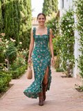 Sara | Vestido Largo de Estilo Boho Retro con Mangas Fruncidas y Abertura Alta