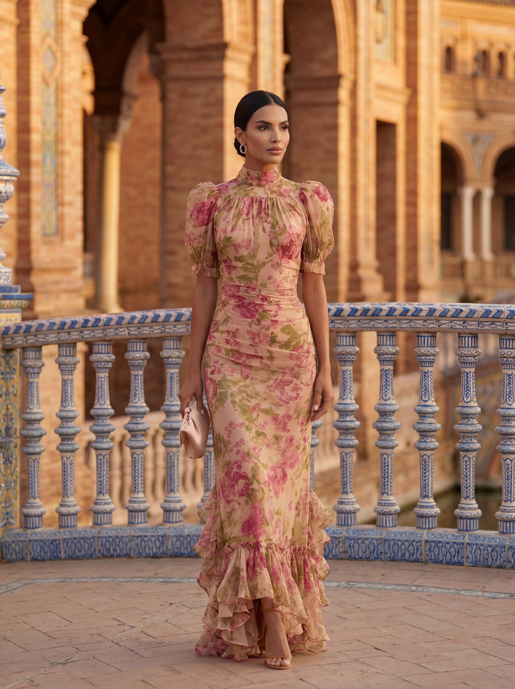 Mujer con vestido largo floral Vega Madrid Noelia, cuello alto y detalles de volantes, en un entorno elegante y natural.