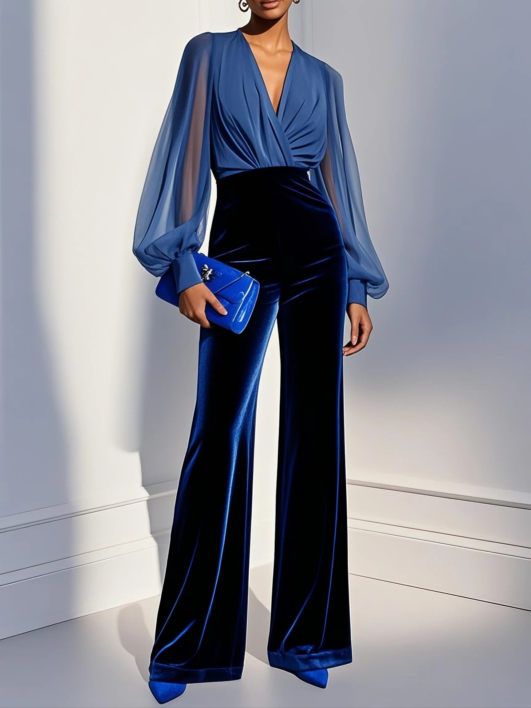 Mono elegante azul marino con escote en V y manga larga, de seda y terciopelo, para mujer.