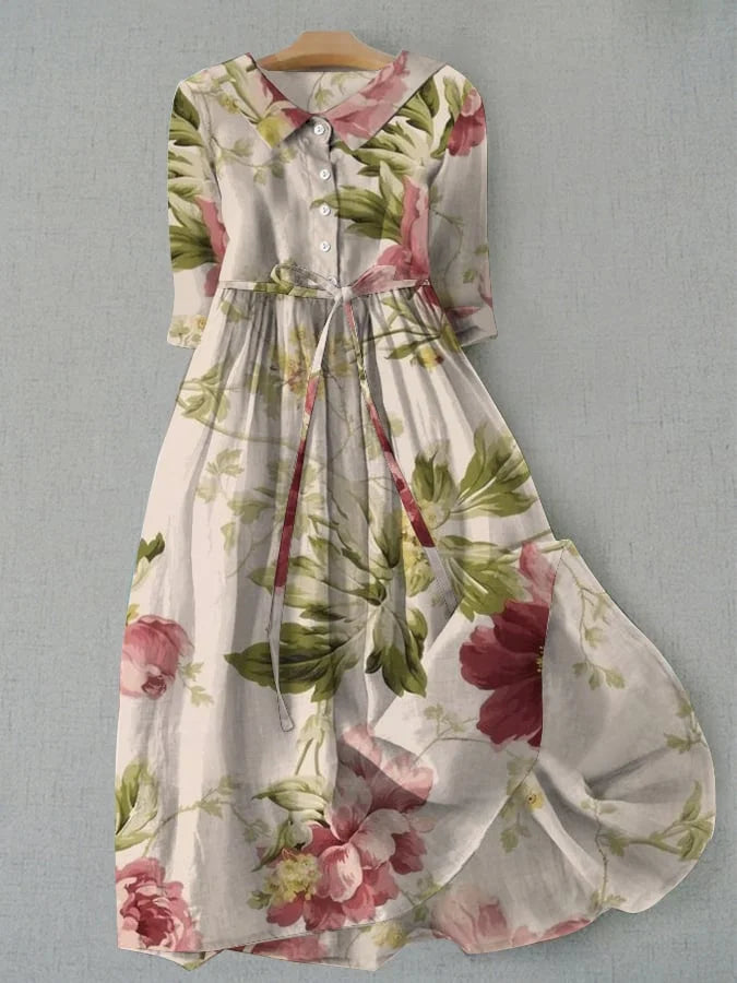 Vestido de mujer Rosalie de Vega Madrid con estampado floral vintage y encaje, ideal para eventos y verano.