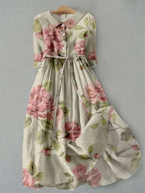 Vestido vintage de verano Amalfi de Vega Madrid con estampado de rosas eternas y cinturilla ajustable para mujer.