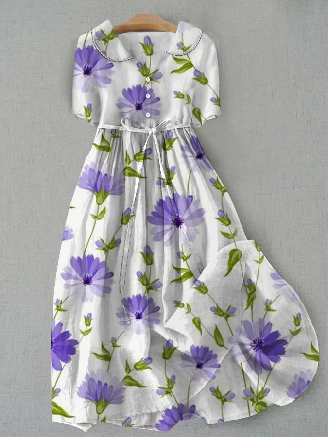 Vestido de mujer Zahara de Vega Madrid con estampado de flores silvestres, estilo vintage, ideal para verano y ajuste ajustable.