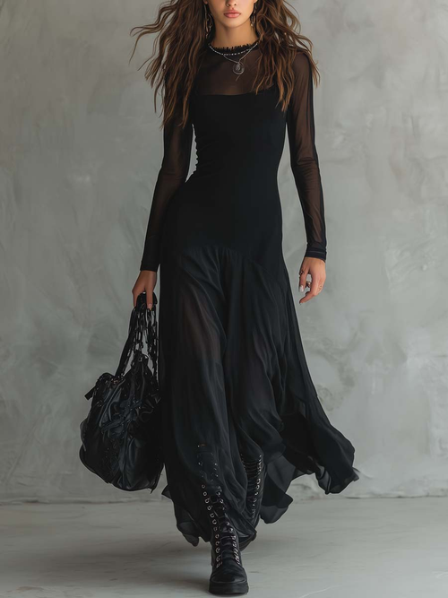 Andrea | Vestido Largo con Malla Transparente - Vega Madrid