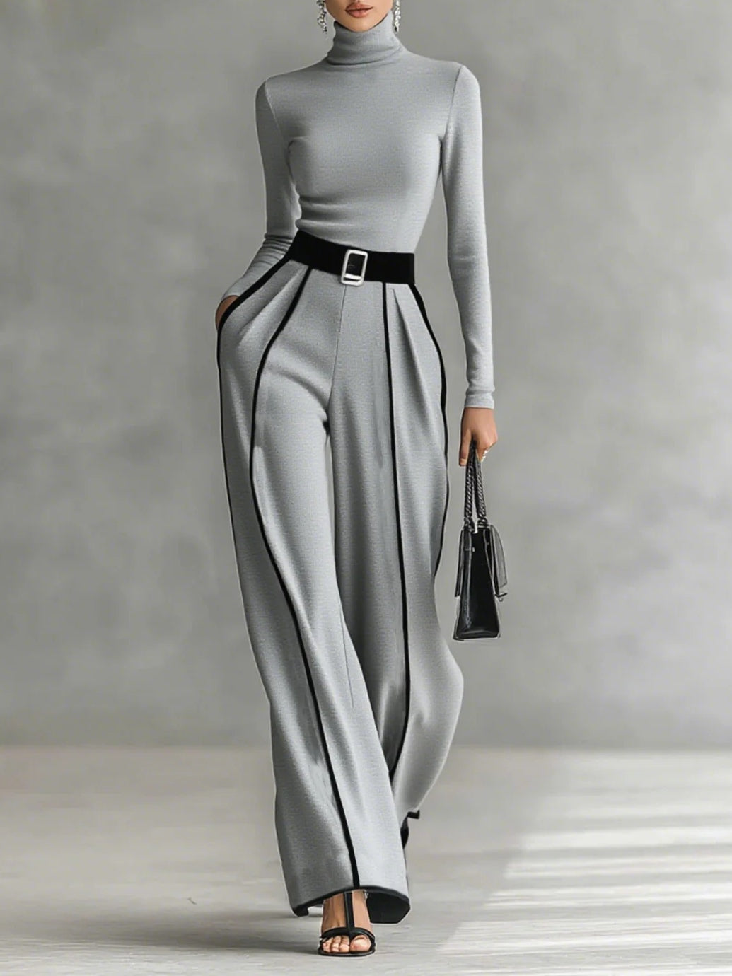 Conjunto elegante Inés de Vega Madrid con detalles en contraste en gris, vista de la parte superior del conjunto.